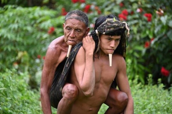 브라질 아마존 원주민인 '조예족' 타위가 아버지 와후를 업고 아마존 밀림에 설치된 임시 코로나 백신접종센터를 향해 걷고 있다. 이들은 백신을 맞기 위해 아마존의 수풀을 헤치며 왕복 12시간을 이동했다. /사진=인스타그램