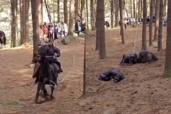 [서울=뉴시스]'태종 이방원' 말 학대 의혹 장면(사진=동물자유연대 SNS 캡처) 2022.01.20. photo@newsis.com