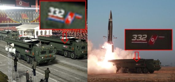 북한이 작년 1월14일 제8차 조선노동당 대회 때 공개한 신형 미사일(KN-23)의 이동식 발사대(TEL) 차량(왼쪽)과 같은해 3월25일 '신형 전술유도탄'(KN-23 개량형) 시험발사에 사용한 TEL 차량 모두 오른쪽에 332란 숫자와 인공기 문양이 그려져 있다. (조셉 뎀시 트위터 캡처) © 뉴스1