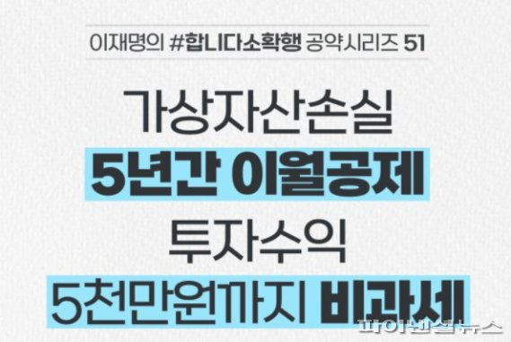 이재명 더불어민주당 대선후보는 페이스북 게시글을 통해 가상자산 수익에 대한 기본 공제 한도를 5000만원까지 늘리겠다는 '소확행'(소소하지만 확실한 행복) 공약을 제시했다.