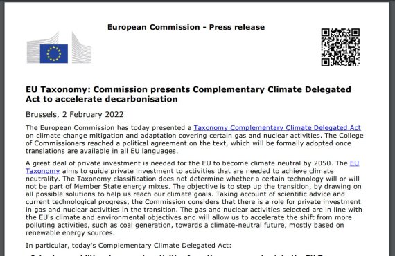 유럽연합(EU) 집행위원회는 2일(현지시간) 원전을 녹색분류체계에 포함하는 결정을 내렸다. 사진=EU 집행위 웹사이트 캡처