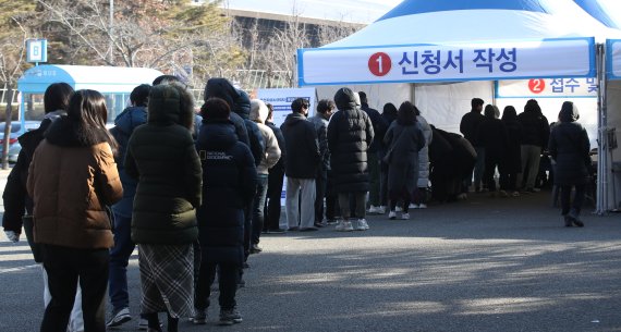 울산 남구 문수축구경기장에 마련된 신종 코로나바이러스 감염증(코로나19) 임시 선별검사소에서 시민들이 신속항원검사를 받기 위해 줄지어 서 있다. /사진=뉴스1