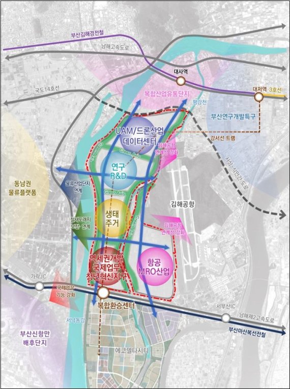 박형준 부산시장은 8일 강서구 강동동, 대저2동 일원 김해공항 서측 1050만㎡(약 320만평)에 친환경 수변도시인 제2에코델타시티를 조성한다고 밝혔다. 제2에코델타시티 기본 구상도./제공=부산시