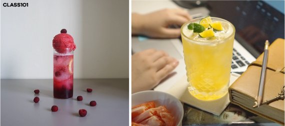 [서울=뉴시스] 리니비니 '나만의 레시피로 만드는 칵테일'(왼쪽)과 솜솜 '솜솜네 홈카페'. (사진=클래스101 제공) 2022.02.09. photo@newsis.com