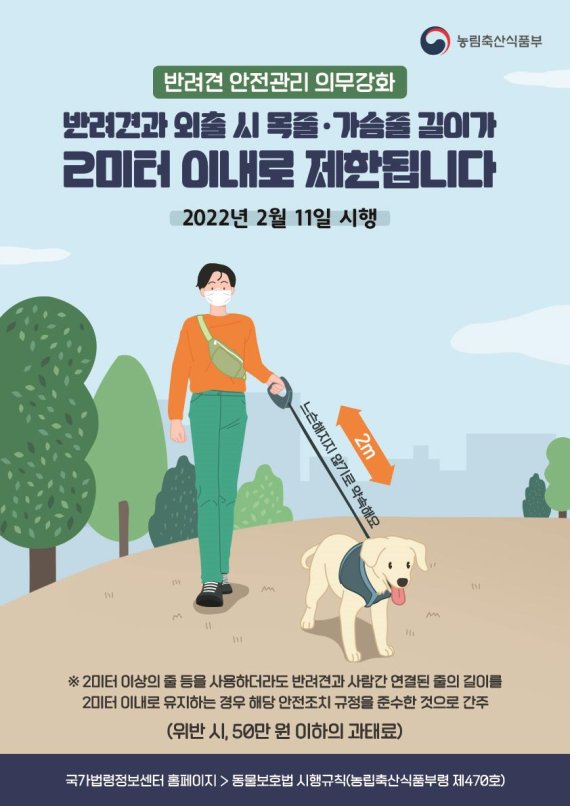 반려견 외출시 '목줄 2m' 제한…11일부터 위반시 과태료 50만원