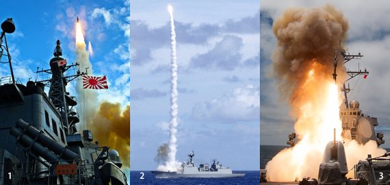 일본 해상자위대 이지스함에서 발사되는 고고도 방어 SM-3 미사일(1) 시험 발사. 한국 해군의 이지스구축함 세종대왕함에서 림팩 훈련 중 SM-2 미사일을 발사하고 있다(2). 미국 해군의 이지스 구축함인 사일로함(CG 67)에서 탄도미사일 요격미사일인 SM-6 미사일을 발사하고 있다(3). 2024년부터 실전 배치하는 차기 이지스함 광개토대왕Ⅲ Batch-Ⅱ 사업에 탑재할 요격미사일 선정이 미뤄지면서 이후 방위사업청이 국내 자체 개발로 방향을 틀고 있다. 당초 군 당국은 고고도에서 요격할 수 있는 SM-3 미사일(요격 고도 70~