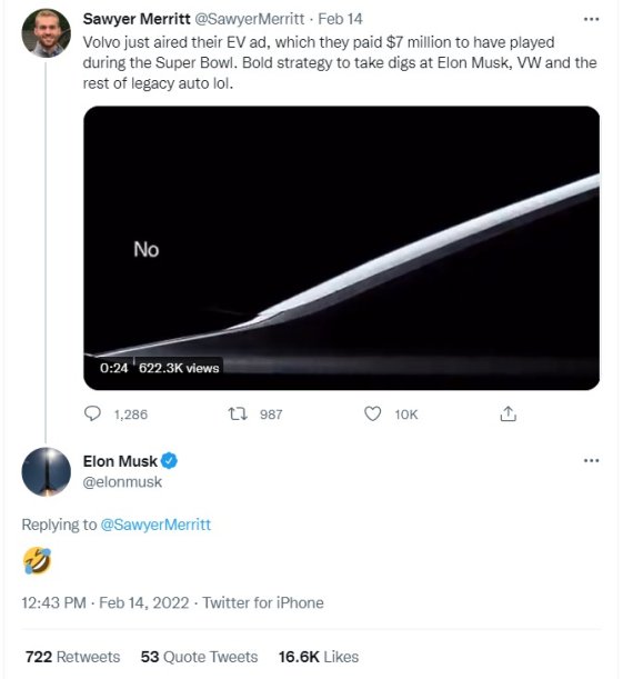 한 트위터 사용자가 폴스타 슈퍼볼 광고를 게시하자, 일론 머스크가 이에 웃음 이모티콘을 게시했다. 2022.02.14/news1© 뉴스1
