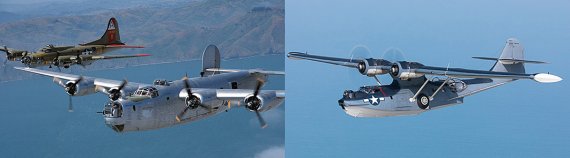B-24와 B-17(좌). 원래 육군 항공대의 폭격기종, B-24는 해안사령부의 장거리 초계기로도 활약, 대잠전에서 큰 전과를 올린다. 두 기종의 활약으로 대서양에서 독일 잠수함들은 안전한 공간이 사라져 독일잠수함의 활동을 위축시키는 효과를 불러온다. 독일 잠수함들은 2차대전 말 현재 AIP의 선배 격인 스노클을 탑재하지만 전세를 뒤집지는 못했다. PBY-4/5 카탈리나 비행정(우)은 B-24와 함께 미 해안사령부 소속으로 작전을 펼친 비행정이다. 주로 정찰 임무를 맡았다. 1940년 독일 전함 비스마르크 추격전에서도 덴마크 해전 