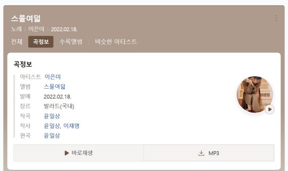 [서울=뉴시스] 이은미 '스물 여덟' 곡 정보. 2022.02.20. (사진 = 포털사이트 캡처) photo@newsis.com*재판매 및 DB 금지 *재판매 및 DB 금지