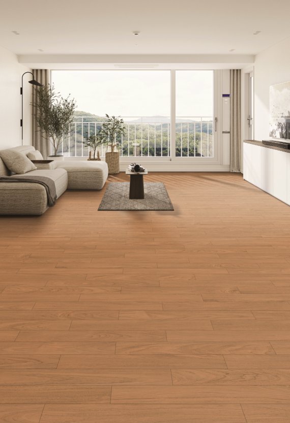 LX지인 바닥재 강그린프로 골든티크 적용 거실 공간(LX하우시스 제공)© 뉴스1