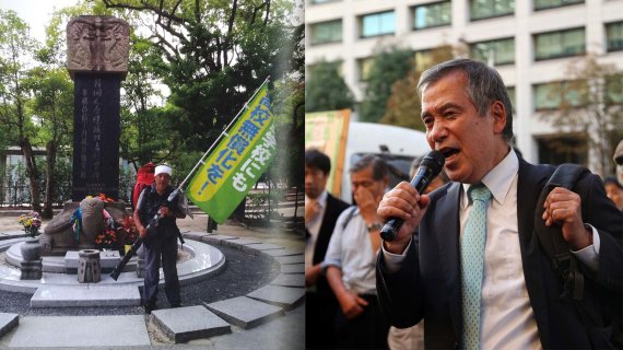 왼쪽 사진은 1인 도보행진 때 히로시마 평화공원의 한국인 위령비에서 하세가와 대표의 모습. 오른쪽 사진은 고교무상화 재판 현장에서 분노하는 하세가와 대표의 모습. (출처=하세가와 대표의 저서 '조선학교를 걷다'(왼쪽)와 조선학교와 함께하는 사람들 몽당연필(오른쪽))© News1