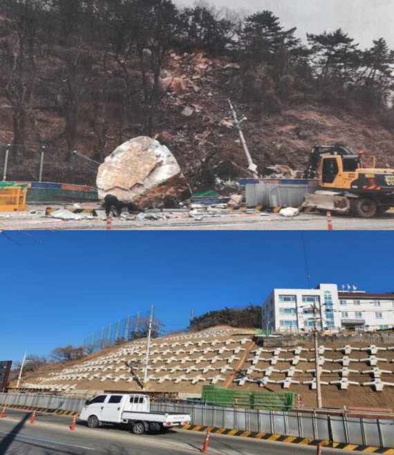 ▲사하구 승학1지구 급경사지 붕괴위험지역 정비 전(위)과 후의 모습. /사진=부산시