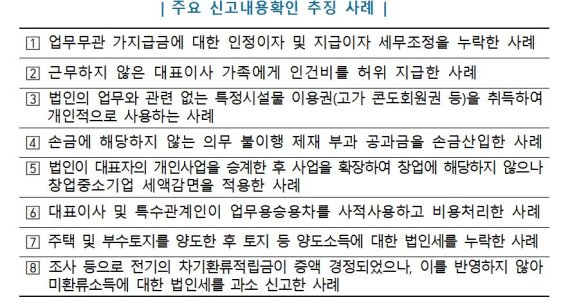 주요 법인세 신고내용 확인 사례. 자료=국세청