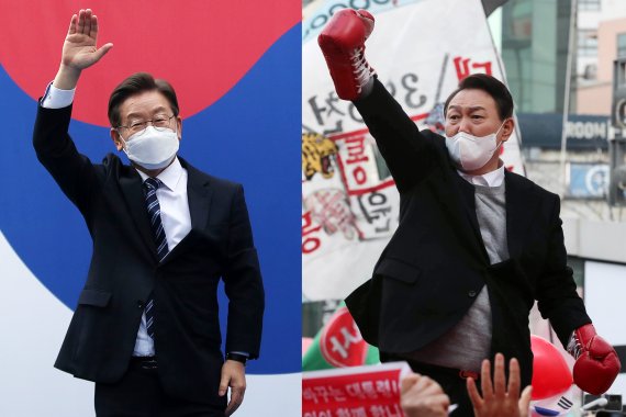 이재명 더불어민주당 대선 후보와 윤석열 국민의힘 대선후보가 1일 서울 중구 명동거리, 서울 서대문구 신촌 거리에서 각각 서울 집중유세를 펼치고 있다. 사진=뉴스1