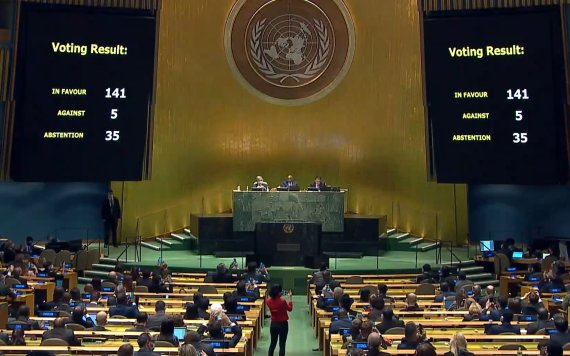 유엔 긴급특별총회에서 우크라이나 사태 관련 결의안이 채택된 모습. 사진=유엔TV 캡처