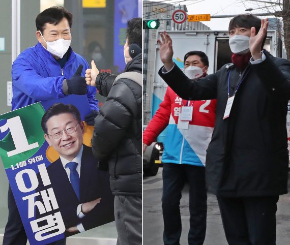 더불어민주당 송영길 대표와 국민의힘 이준석 대표가 제20대 대통령선거 사전투표일인 4일 제주를 찾아 유세 맞대결을 펼친다. 제20대 대통령 선거 공식 선거운동이 시작된 지난 달 15일 오전 송영길 더불어민주당 대표는 서울 중구 을지로입구역에서 이재명 대선 후보 지지를 이준석 국민의힘 대표는 경복궁역 앞에서 종로 재·보궐선거에 출마하는 최재형 후보에 대한 지지를 각각 호소하고 있다. 2022.2.15/뉴스1 © News1 임세영 기자, 황기선 기자