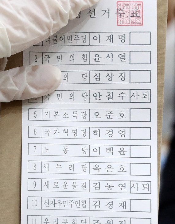 [서울=뉴시스] 백동현 기자 = 제20대 대통령선거 사전투표가 시작된 4일 오전 서울 서초구 반포1동 주민센터에 마련된 사전투표소에서 관계자가 안철수 국민의당 대표와 김동연 전 경제부총리 투표란에 '사퇴' 표시된 투표지를 전달하고 있다. 2022.03.04. livertrent@newsis.com