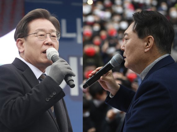 이재명 더불어민주당 대선후보와 윤석열 국민의힘 대선후보가 지난달 26일 오후 경기 고양시 일산문화공원, 서울 양천구 목동현대백화점에서 각각 지지를 호소하는 연설을 하고 있다. 국회사진취재단, 뉴스1