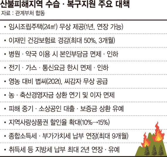 임시주택 제공하고 稅납부 연장… 산불 이재민 전방위 지원