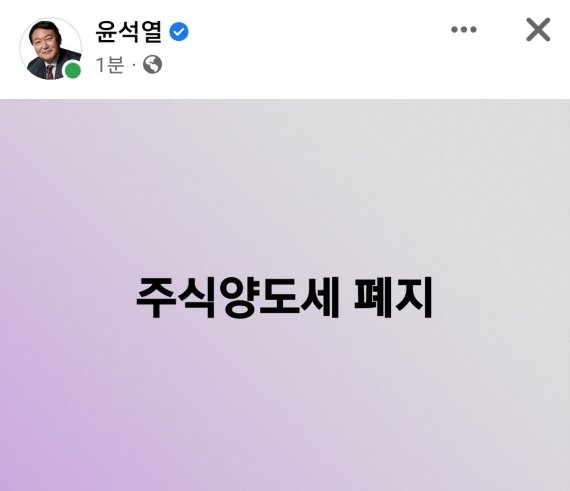 윤석열 대통령이 대선 당시 자신의 SNS를 통해 주식 양도세 폐지 공약을 제시했던 모습 /사진=뉴스1