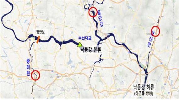 [서울=뉴시스] 오는 15일 어린 연어를 방류하는 낙동강 지류 3곳인 밀양강, 양산천, 광려천의 위치. (자료=환경부 제공). 2022.03.14. photo@newsis.com *재판매 및 DB 금지