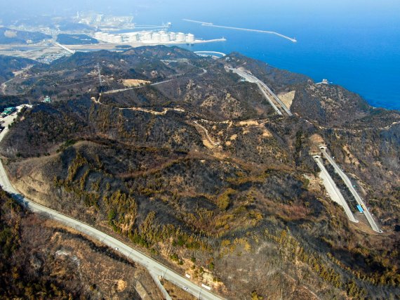 경북 울진·강원 삼척 산불 엿새째인 9일 강원 삼척 원덕읍 월천리 일대 산림이 불에 타 까맣게 그을려 있다. 불에 탄 야산 너머 좌측 상단엔 강원 삼척시 호산항 LNG생산기지가 자리잡고 있다. 산림청과 소방당국, 지자체에 따르면 이날 울진˙삼척 산불의 전체 진화율은 70%까지 높아진 상황이다. 2022.3.9/뉴스1 © News1 민경석 기자