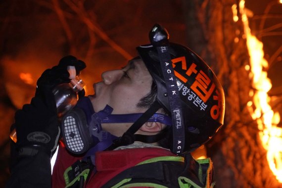 산림청 산림항공본부 소속 공중진화대원이 7일 밤 경북 울진군 북면 안말래길에서 금강소나무숲을 지키기 위해 밤샘 산불 진화 작업을 벌이다 물을 마시고 있다. 산림청 제공.© 뉴스1