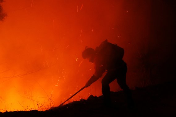 남부지방산림청 울진국유림관리소 소속 산불재난특수진화대원이 지난 6일 오후 경북 울진군 금강송면 소광리 일대에서 금강소나무숲을 지키기 위해 화마와 사투를 벌이고 있다.(산림청 제공) 2022.3.7/뉴스1