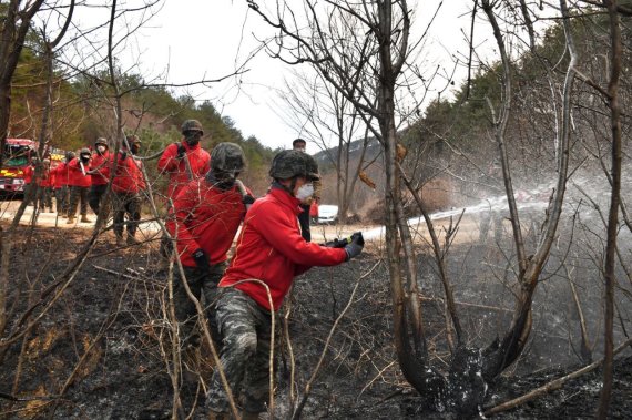 경북 울진군 산불 사흘째인 6일 신속기동부대인 해병대가 울진읍 신림리와 후정리에 병력 900명을 파견 진화작업에 힘을 보태고 있다.해병대는 신속한 진화 작전을 위해 울진중,고등학교 등지에 숙영지로 이용하고 있다.(해병대1사단 제공)2022.3.6/뉴스1 © News1 최창호 기자