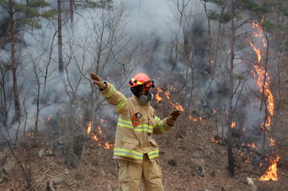 경북 울진군 산불 사흘째인 6일 오전 북면 두천리에서 소방관이 산불을 진화하기 위해 방수지점을 알리고 있다. 2022.3.6/뉴스1 © News1 공정식 기자