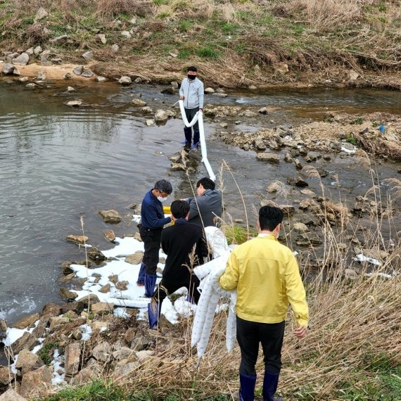 지난달 30일 전북 완주군 봉동읍 석탑천에서 물고기가 집단 폐사했다. 사진은 전북도·완주군 직원들이 방제작업을 하는 모습.(전북도 제공)2022.4.1/© 뉴스1