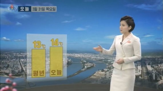 날씨를 전하는 북한 기상캐스터.(조선중앙TV 갈무리)© 뉴스1