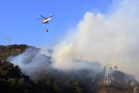 지난 2일 오후 경기도 남양주시 이패동 일원 야산에서 산불이 발생해 소방 당국이 헬기를 투입해 진화작업을 벌이고 있다. 산림청 제공