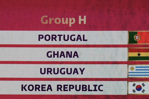[도하=AP/뉴시스]한국이 2022 카타르월드컵 조 추첨 결과 포르투갈, 가나, 우루과이와 함께 H조에 편성됐다. 2022.04.01.