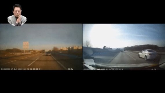 A씨의 사고 당시 후방 블랙박스(왼쪽), 전방 블랙박스 영상. (유튜브 '한문철TV' 갈무리) © 뉴스1