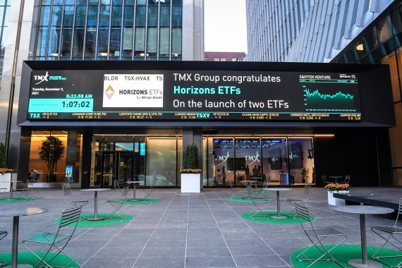 캐나다 토론토 증권거래소 전광판에 표시된 Horizons ETFs 신규 상장 축하 메시지.