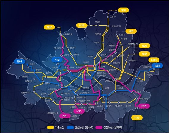 서울시는 오는 18일부터 단계적으로 심야 대중교통 수단인 '올빼미버스' 운행 노선을 현행 9개에서 14개로 확대한다. 신설되는 6개 올빼미버스 노선도/자료=서울시