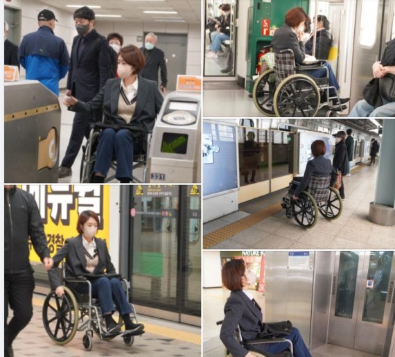 고민정 더불어민주당 의원은 6일, 휠체어를 타고 강변역세어 국회의사당까지 지하철로 출근했다. 장애인의 어려움을 체험함과 동시에 이준석 대표를 향한 시위성격도 있다. (SNS 갈무리) © 뉴스1