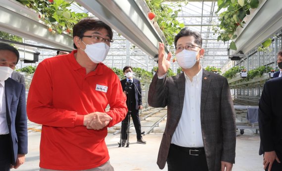 김현수 농식품부 장관(오른쪽)이 농업회사법인 '우공의 딸기정원'을 방문해 관계자로부터 스마트팜에 대한 설명을 듣고 있다. 사진=농식품부 제공.