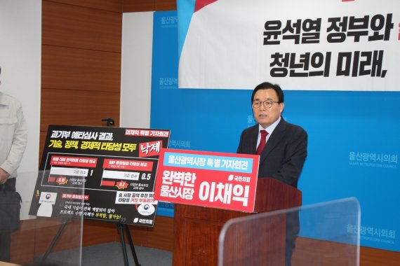 이채익 국민의힘 의원이 7일 울산시의회 프레스센터에서 부유식해상풍력사업과 관련 기자회견을 하고 있다. © 뉴스1