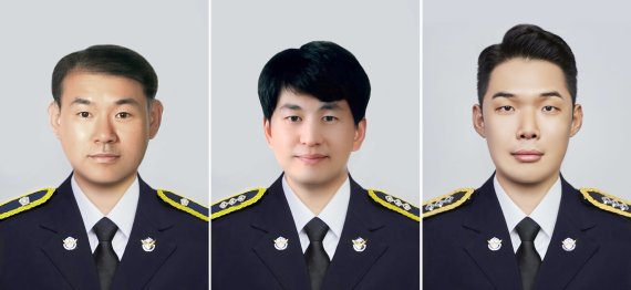 ▲ 제주 마라도 먼 바다에서 발생한 헬기(S-92) 추락사고로 순직한 부기장인 고 정두환(50·왼쪽부터) 경감과 정비사 고 차주일(42) 경사, 전탐사 고 황현준(27) 경사. (사진=남해지방해양경찰청 제공)