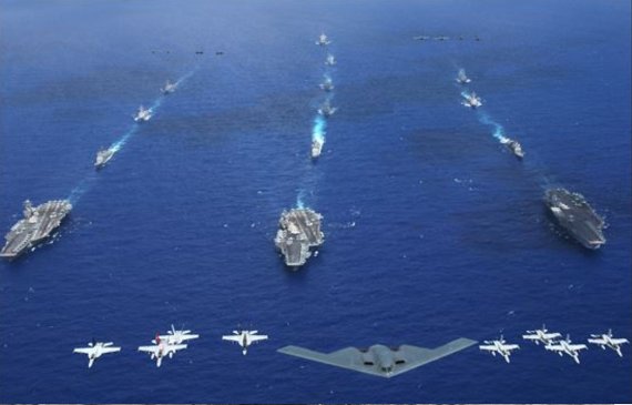 3척의 항모로 구성된 대규모 강습단의 항행 모습. 자료=내셔널 인터레스트(national interest)