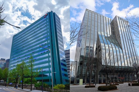 [서울=뉴시스]SK브로드밴드 남산 사옥(왼쪽)과 KT스카이라이프 상암 사옥. (사진=SK브로드밴드·KT스카이라이프 제공)