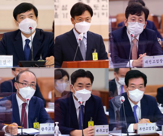 김오수 검찰총장이 전격 사의를 표하면서 전국 고검장들이 18일 대검찰청에서 긴급 고검장회의를 개최한다. 윗줄 왼쪽부터 이성윤 서울고검장, 김관정 수원고검장, 여환섭 대전고검장, 아랫줄 왼쪽부터 조종태 광주고검장, 권순범 대구고검장, 조재연 부산고검장. 고검장들은 회의에서 검수완박(검찰수사권 완전박탈) 대응책을 논의할 것으로 전망된다.(뉴스1 DB) 2022.4.18/뉴스1