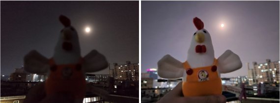 밤10시 바깥에서 닭 인형을 레드미노트11프로로 찍은 모습(왼쪽), 갤럭시Z플립3으로 촬영한 사진 /2022.4.18 © News1 오현주 기자