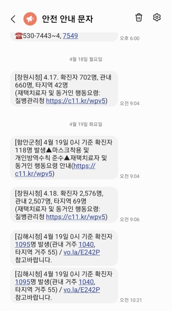 경남도내 시·군에서 발송한 코로나19 재난 문자 내용.2022.4.19.© 뉴스1