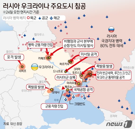 러시아의 우크라이나 침공은 지난 2월24일 전방위적으로 이뤄졌지만 전쟁 두 달 만에 주요 전선이 동남북부로 축소됐다. 결국 우크라이나를 동서로 가로지르는 드니프로강 이동지역 일부가 러시아손에 넘어가는 식으로 전쟁이 종결될 수 있다는 관측이 나온다. © News1 김초희 디자이너
