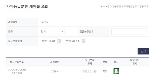 게임물관리위원회 자체등급분류 게임물 'STEPN' 조회 결과 (게임물관리위원회 캡처) © 뉴스1