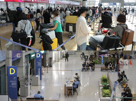 인천국제공항 출국장(위)과 입국장(아래) 모습. 뉴스1 제공