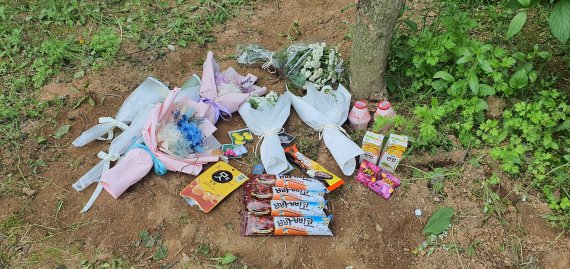지난해 5월 12일 극단적인 선택을 한 청주 여중생 2명이 처음 발견된 곳에 국화 꽃다발 등이 놓여있다./© 뉴스1 조준영 기자 /사진=뉴스1